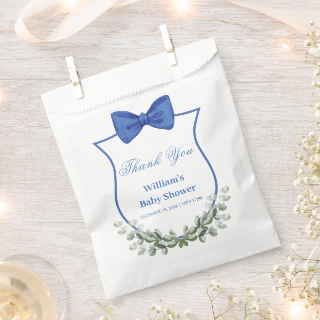 Blue Bow Eucalyptus Crest Baby Shower Thank You Favour Bags (Clipped)