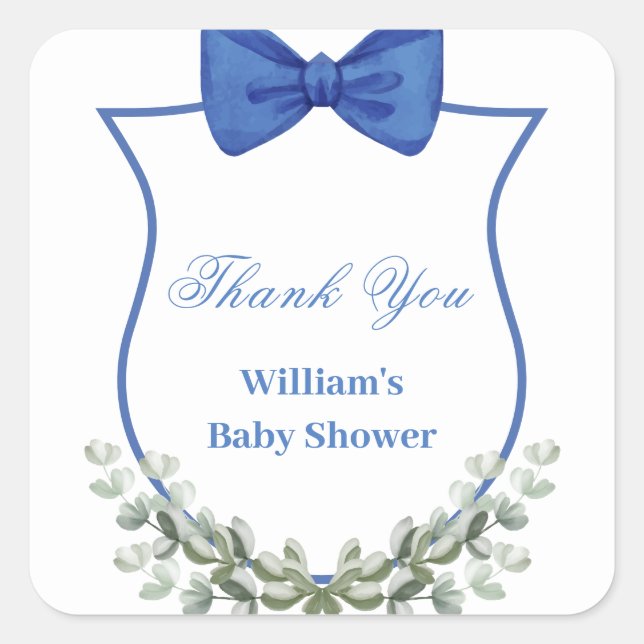 Blue Bow Eucalyptus Crest Baby Shower Thank You Square Sticker (Front)