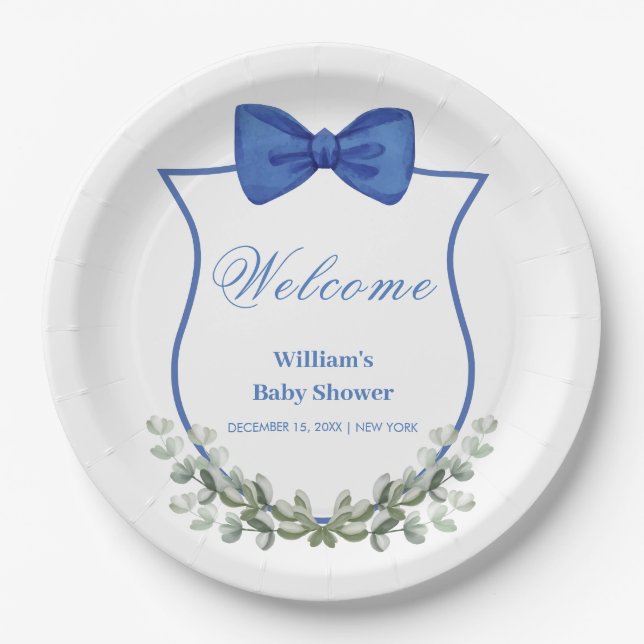 Blue Bow Eucalyptus Crest Baby Shower Welcome Paper Plate (Front)