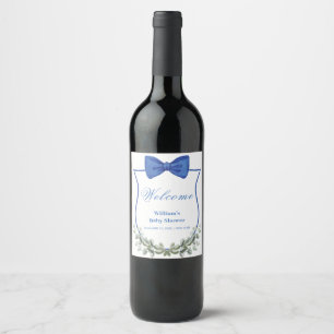 Blue Bow Eucalyptus Crest Baby Shower Welcome Wine Label