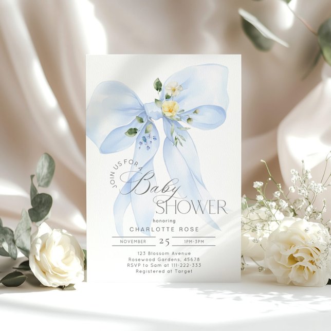 Blue Bow Floral Baby Boy Shower Invitation (Creator Uploaded)