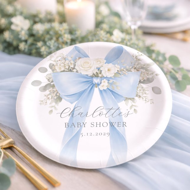Blue Bow Floral Baby Boy Shower Paper Plate (Creator Uploaded)