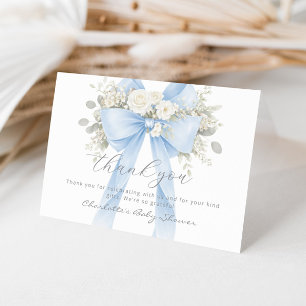 Blue Bow Floral Baby Boy Shower Thank You Card