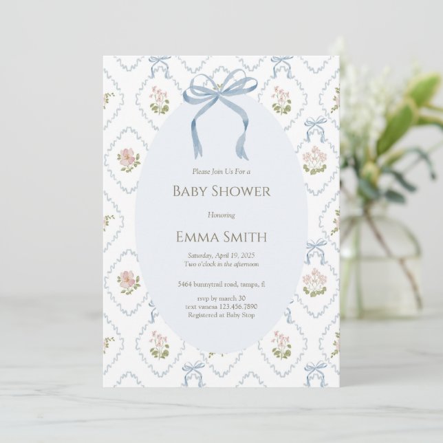 Blue Bow Floral Baby Shower  Invitation (Standing Front)