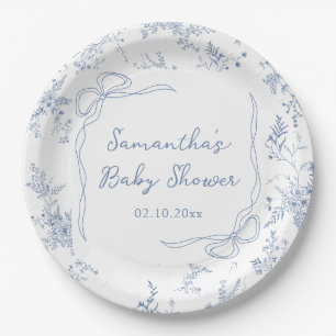 Blue Bow Floral Baby Shower Paper Plate