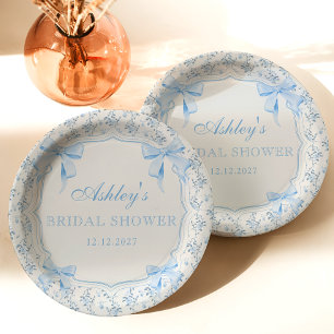 Blue Bow Floral Bridal Shower Paper Plate
