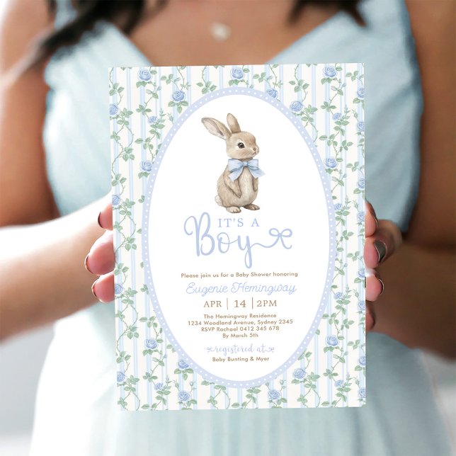 Blue Bow Floral Bunny Rabbit Boy Baby Shower Invitation (Creator Uploaded)