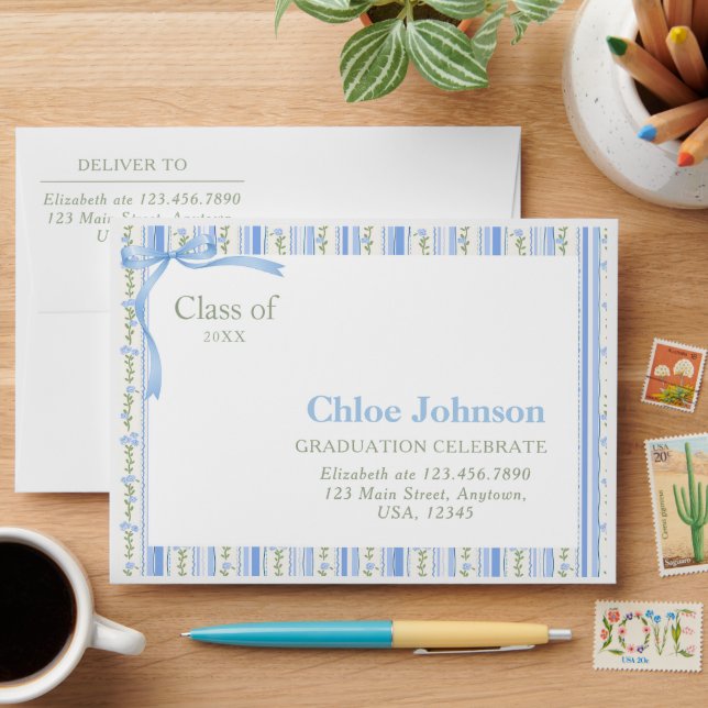 Blue Bow Floral Graduation Envelope (Desk)