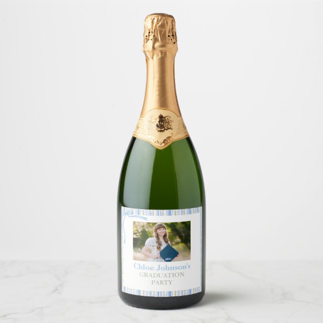 Blue Bow Floral Graduation Sparkling Wine Label (Front)