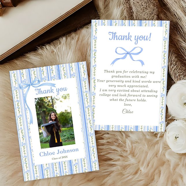 Blue Bow Floral Graduation Thank You Card (Creator Uploaded)