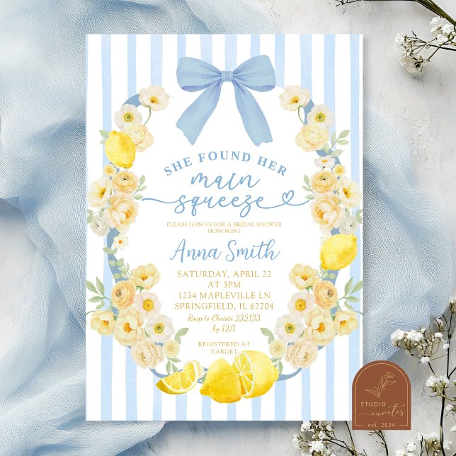 Blue Bow Floral Lemon Bridal Shower Invitation (Creator Uploaded)