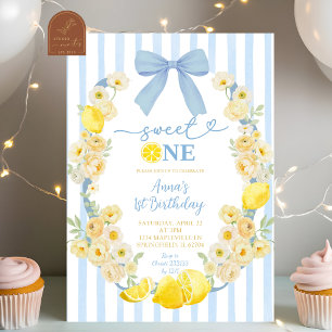 Blue Bow Floral Lemon Sweet One 1st Birthday Invitation