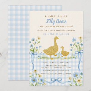 Blue Bow Floral Silly Goose Boy Baby Shower Invitation
