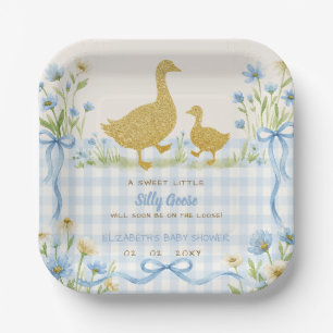 Blue Bow Floral Silly Goose Boy Baby Shower Paper Plate