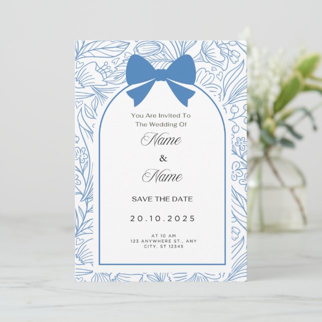 Blue bow floral wedding invitation  (Standing Front)