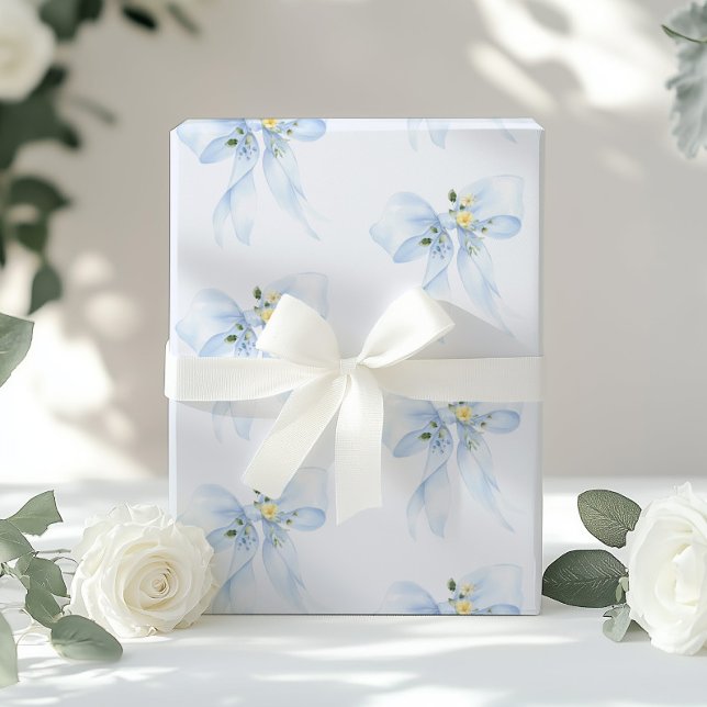 Blue Bow Floral Wildflower Baby Shower Wrapping Paper (Creator Uploaded)