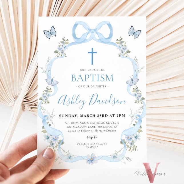 Blue Bow Floral Wildflower Baptism Christening Invitation (Creator Uploaded)