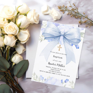 Blue bow florals boy Baptism Invitation