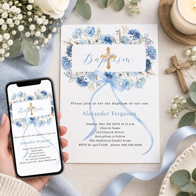 Blue bow florals boy cross baptism invitation (Creator Uploaded)
