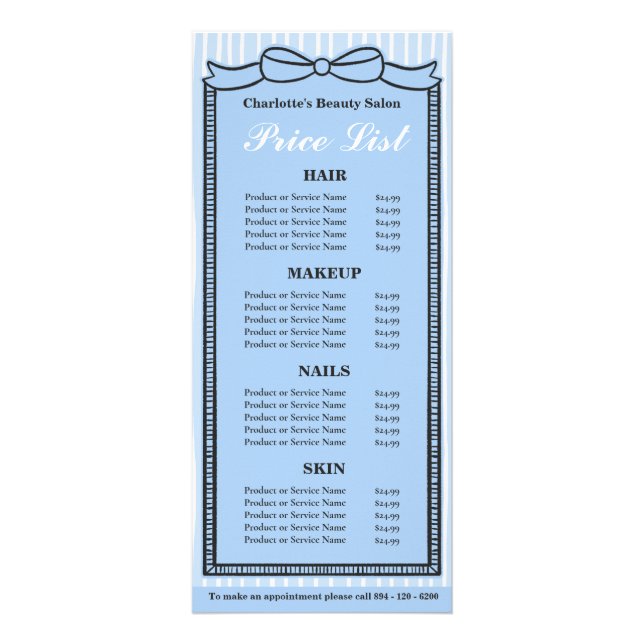 Blue Bow Frame Striped Salon Price List Card (Front)