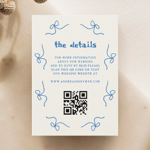 Blue Bow French Wedding Hand Drawn QR Code Details Enclosure Card