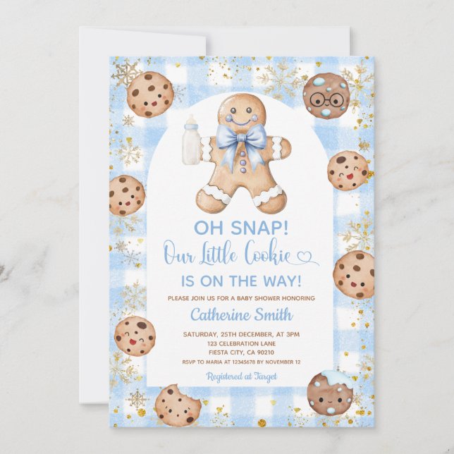 Blue Bow Gingerbread Christmas Baby Shower Gingham Invitation (Front)