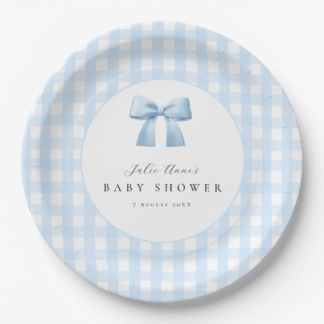 Blue Bow Gingham Baby Shower Paper Plates (Front)