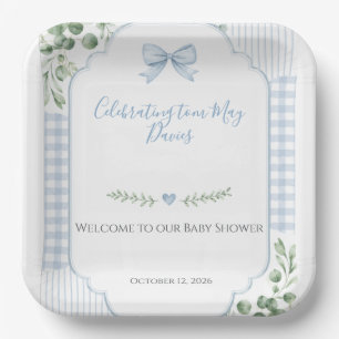 Blue Bow Gingham Greenery Baby Shower Paper Plate