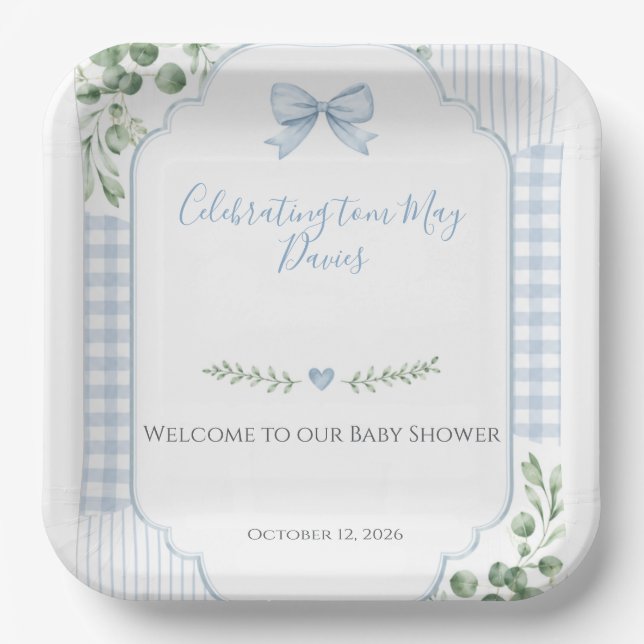 Blue Bow Gingham Greenery Baby Shower Paper Plate (Front)