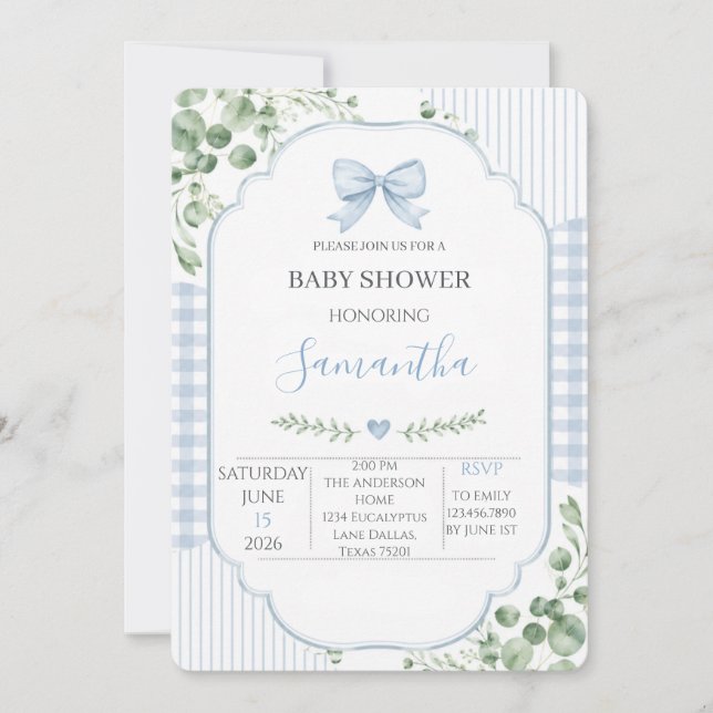 Blue Bow Gingham Greenery Boy Baby Shower Invitation (Front)