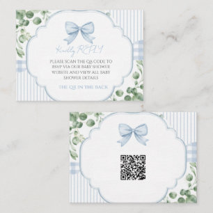Blue Bow Gingham Greenery QR Code RSVP Card