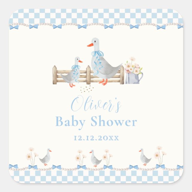 Blue Bow Gingham Preppy Silly Goose Baby Shower Square Sticker (Front)