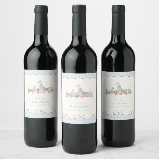 Blue Bow Gingham Preppy Silly Goose Baby Shower Wine Label (Bottles)