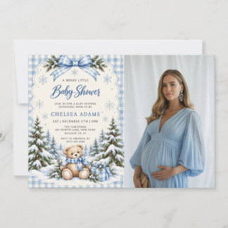 Blue Bow Gingham Teddy Bear Baby Shower Photo Invitation