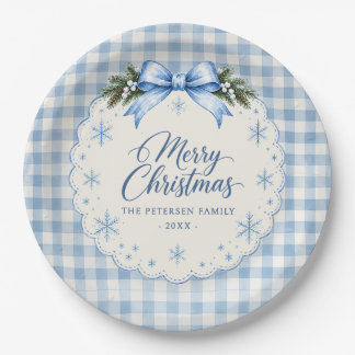 Blue Bow Gingham Teddy Bear Christmas Party Paper Plate