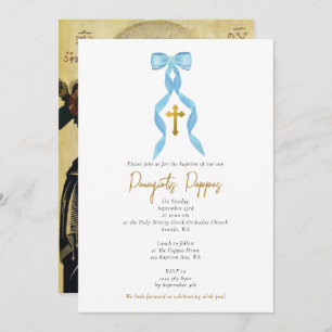 Blue Bow Greek Orthodox Christening Boy Baptism Invitation