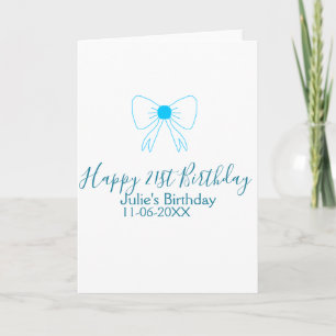 Blue bow happy 21st birthday name date girlstylish card