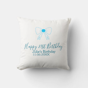 Blue bow happy 21st birthday name date girlstylish cushion