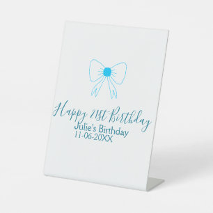 Blue bow happy 21st birthday name date girlstylish pedestal sign
