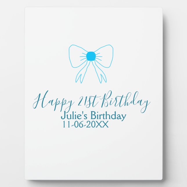 Blue bow happy 21st birthday name date girlstylish plaque (Front)