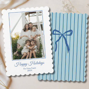 Blue Bow Happy Holidays Preppy One Photo  Holiday Card