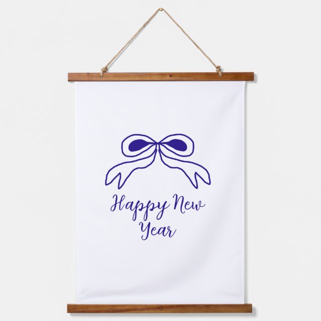 Blue bow happy new year name date simple minimal  hanging tapestry (Front)