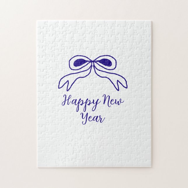 Blue bow happy new year name date simple minimal  jigsaw puzzle (Vertical)