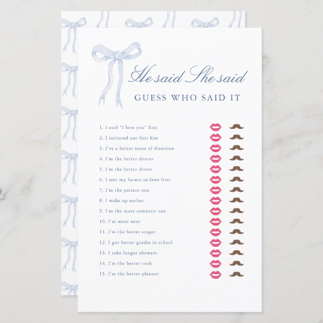 Blue Bow He Said She Said Bridal Shower Game (Front/Back)