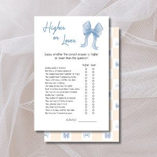 Blue Bow Higher or Lower Baby Shower Game Card