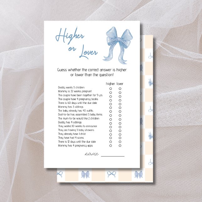 Blue Bow Higher or Lower Baby Shower Game Card (Creator Uploaded)