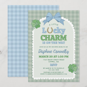 Blue Bow Horseshoe Lucky Charm Boy Baby Shower Invitation