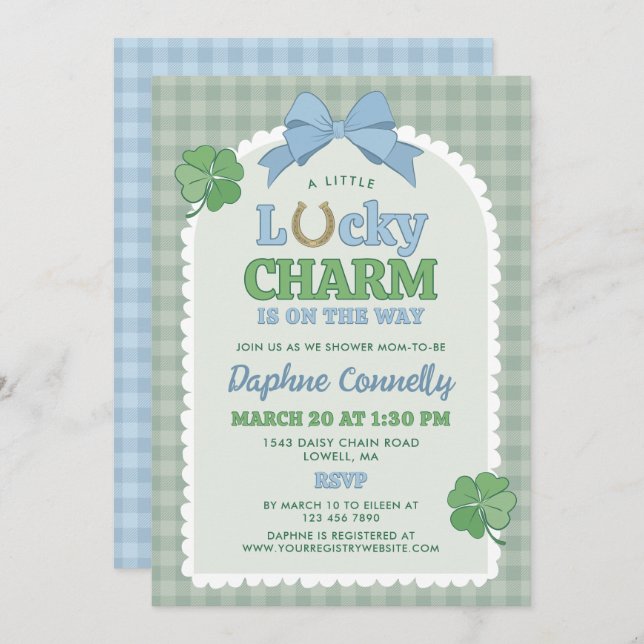 Blue Bow Horseshoe Lucky Charm Boy Baby Shower Invitation (Front/Back)