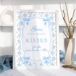 Blue Bow How Many Kisses Bridal Shower Game Poster