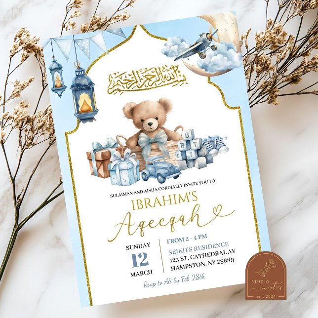 Blue Bow Islamic Aqeeqah Bear Baby Announcement (Creator Uploaded)